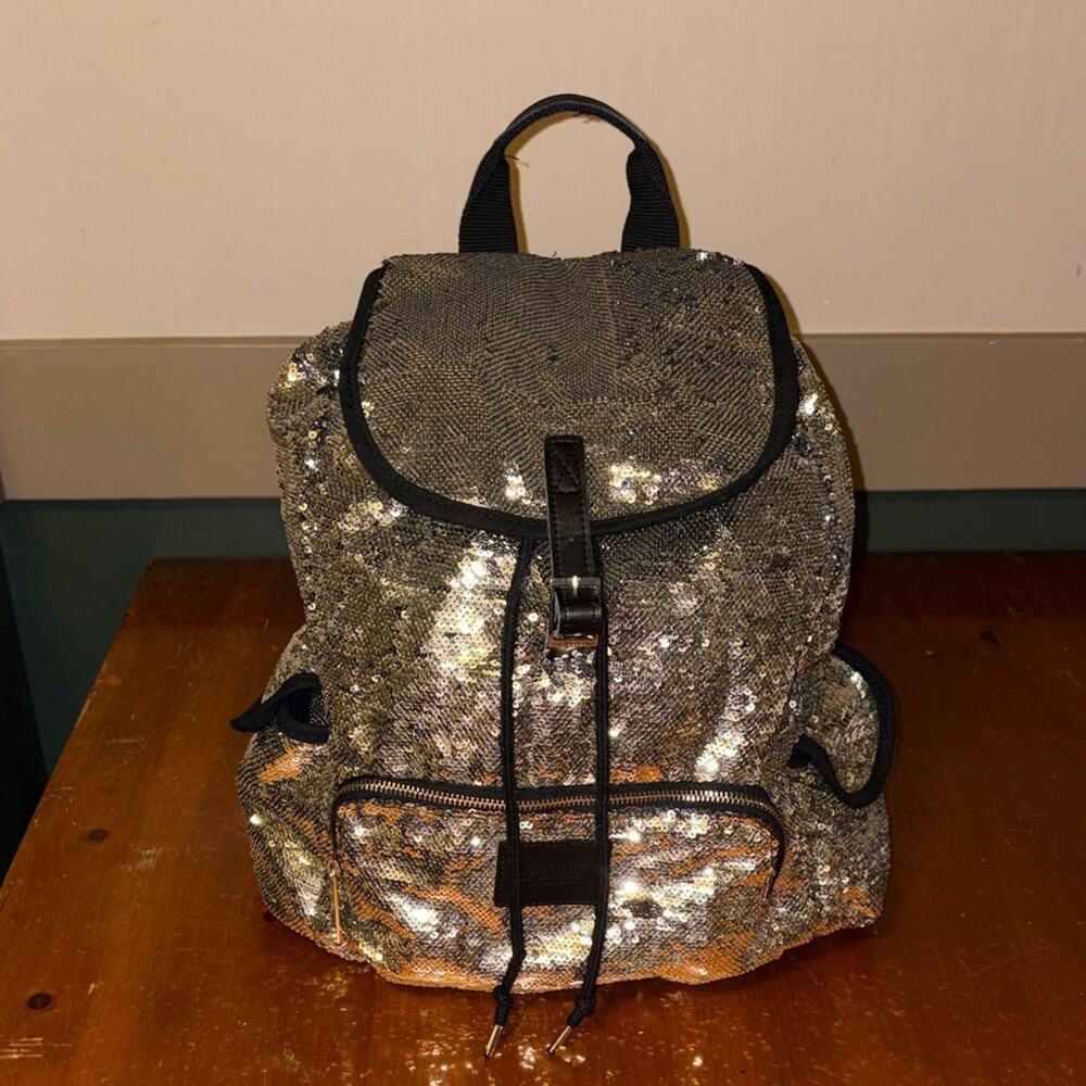 PINK Victorias Secret Gold Sequin Backpack Y2K - Picture 3 of 8